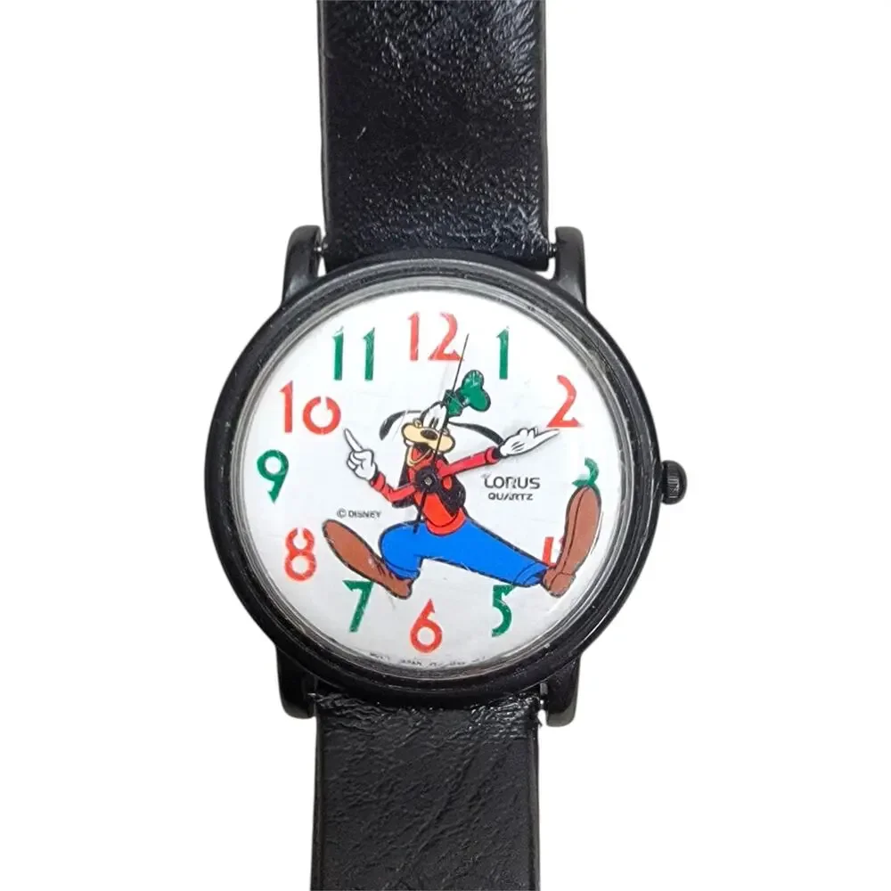 Vintage Lorus Disney Goofy Backwards Reverse Dial Analog Watch Black Running